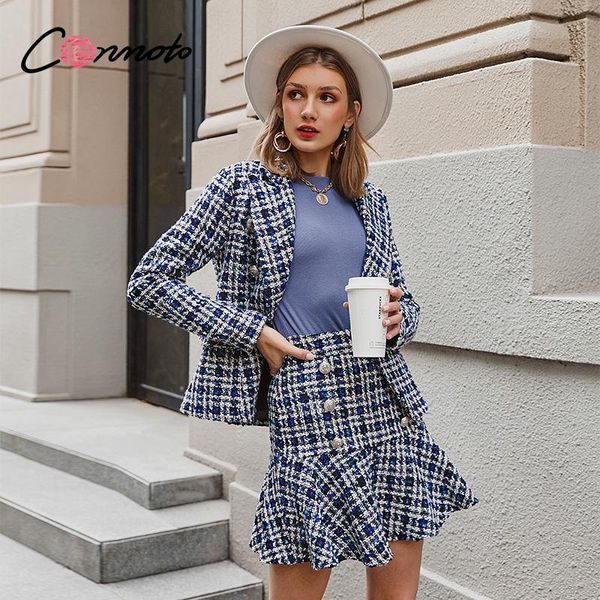 

conmoto elegant autumn winter plaid women blazer coat causal long sleeve short office ladies double breasted suit women's suits & blaze, White;black