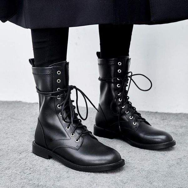 

winter fleece lining women lace up strechy leather ankle boots high flats shoes british moto biker genuine, Black