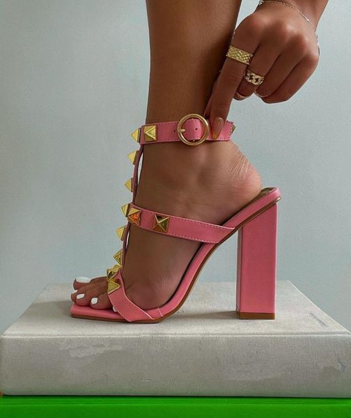 

sandals fashionable t shape square toe gold rivet ankle round buckle thick heel summer women shoes ladies 2021 size 35-42, Black