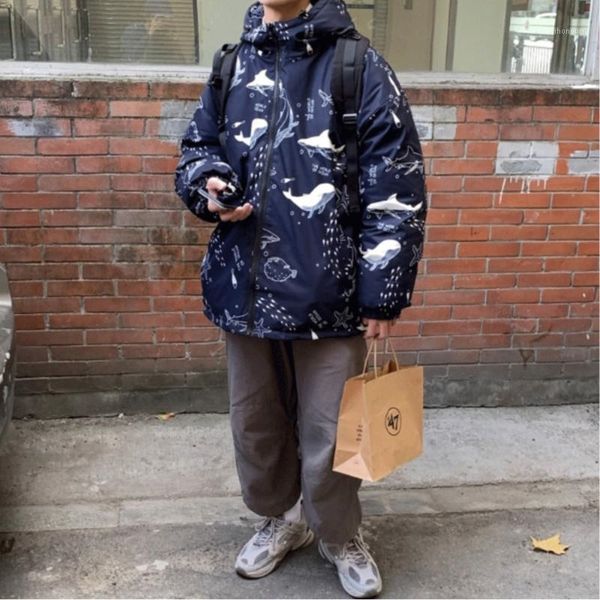 

Down & Parkas Winter Men's Hooded Whale Print Casual Trend Loose Windproof Thickened Cotton Padded Jacket Size S-2XL1 GJ78, Black