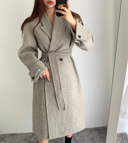 

women's wool & blends chic korea autumn casual women turn-down collar simple coat lace-up belted bandage long winter sleeve solid outwe, Black