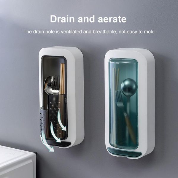 

wall hanging chopsticks tube double grid holder rotate cover ventilate drain rack kitchen tableware storage box 2021 bottles & jars
