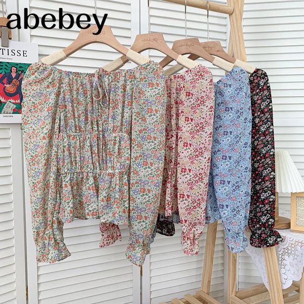 

women's blouses & shirts french slash neck long sleeve shirt high waist pleated lace up bow floral short 2021 summer women, White