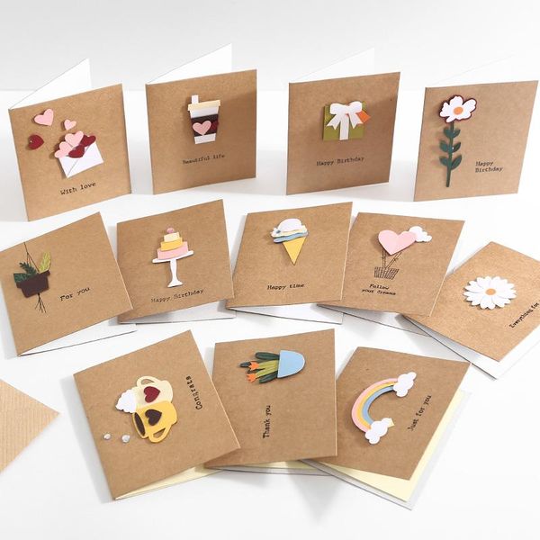 Grußkarten, 12 Stile, Kraft-Mini-Karte für Sie, braune 3D-Blumen-Geschenknachricht, Dankeschön, Geburtstagsgeschenk