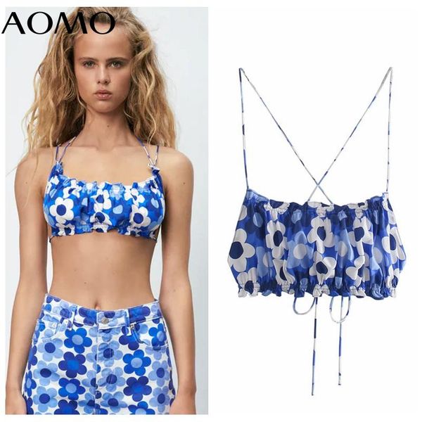 

women's tanks & camis aomo women blue floral crop spaghetti strap sleeveless backless short blouses shirts female ab29a, White