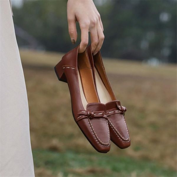 

dress shoes 2021 spring women's pumps cow leather small square toe slip-on chunky heel large size retro two-wear casual, Black