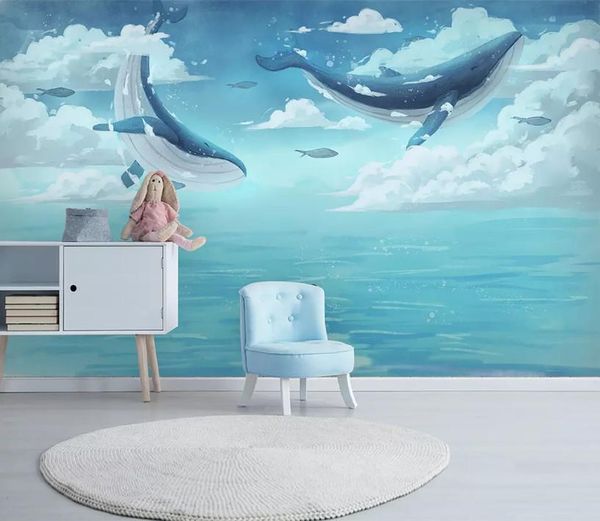 

large custom mural wallpaper nordic creative watercolor mediterranean sea whale children's room background wall wallpapers