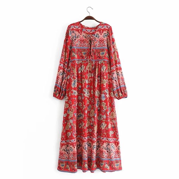 Vestito longuette rosso bohemien da donna Primavera Autunno Stampa floreale manica lunga pieghettato Party Chic O-Collo Femme Vestidos 210521