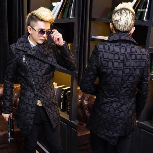 

men's trench coats slide zipper plaid coat fleece inside winter big turn down collar irregular length jacket men slim fit outfit1, Tan;black