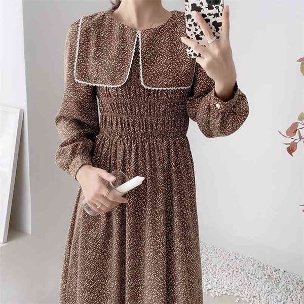 

korean o-neck chiffon hollow out long sleeve dresses basic elastic waist vintage floral print vestidos fashion spring 210601, Black;gray