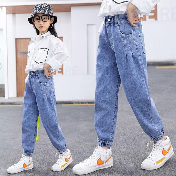 

jeans spring autumn children casual style high elastic waist pants for girls kid's clothing long beam foot denim trousers c240, Blue