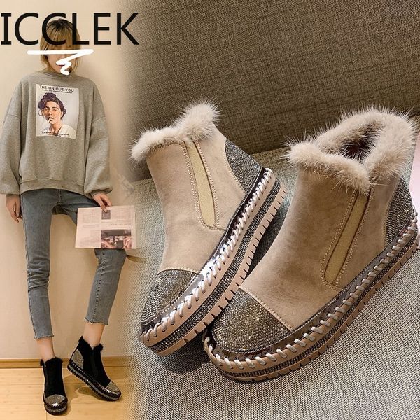 

women's boots warm short fur plush winter ankle boots plus platform women's side zipper shoes women's comfort boots 210428, Black