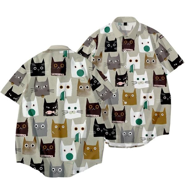 

men's casual shirts 2021 autumn cat head 3d digital printing short-sleeved shirt, White;black