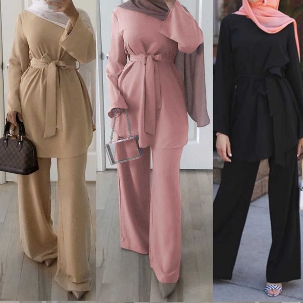 Duas peças conjunto blusa e calças largas pernas mulheres dubai muçulmano abaya lace-up sólido kaftan senhoras islam turkish vestuário islâmico conjunto y0625