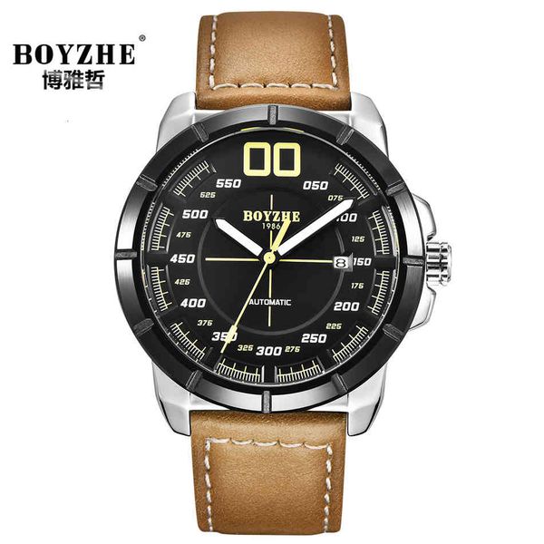 

boyzhe luxe merk sport automatische horloge mannen mechanische heren pols horloges lederen klok mechanisme militar relogio luminoso nieuwe, Slivery;brown