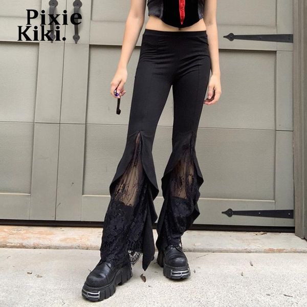 

women's pants & capris pixiekiki cyber y2k black women high waist ruffle lace split flare halloween bottoms gothic grunge clothes p67-d, Black;white