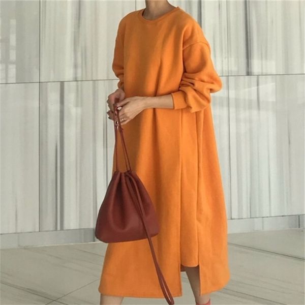 

[ewq] korea chic casual trend women solid color round neck loose fashion long-sleeved blue sweater dress autumn 16e1413 211119, Black;gray