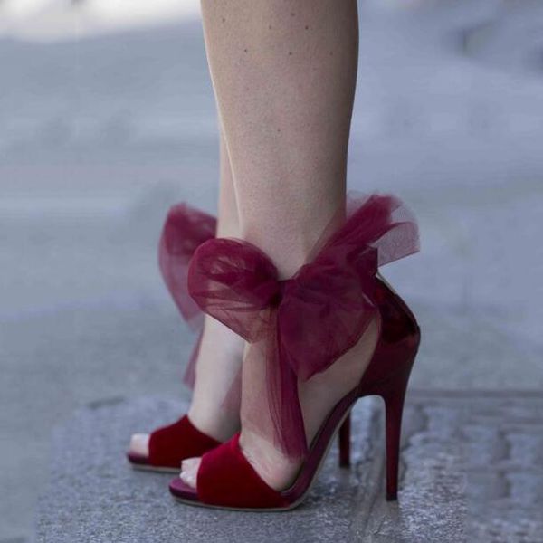 

dress shoes drop woman solid burgundy butterfly knot bow ties lace peep toe thin heels zipper back wedding sandals big size 47, Black