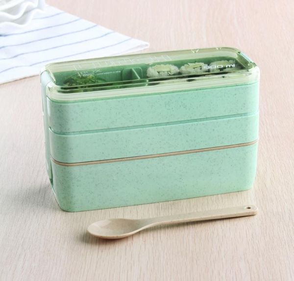 

30pcs wheat straw lunch box with spoon 3 layer lunchbox microwave bento boxes dinnerware container wb1815 sets