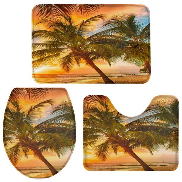 

bath accessory set 3 pieces bathroom sunset coconut tree beach sky toilet cover mat pedestal rug non-slip