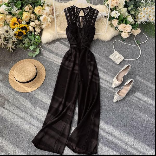 

women jumpsuit one piece pants ol womens heart machine hollow open back sleeveless lace splicing waist show thin wide leg, Black;white