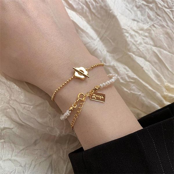 

link, chain metal flower freshwater pearl women's bracelet korean personality simple temperament wild fashion jewelry wholesale, Black