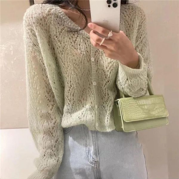 

bright yellow cardigan sweater jacket casual gentle summer spring hollow out candy color all-match basic 2021 women's knits & tees, White