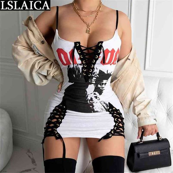

summer dress print criss-cross lace up party suspender dresses for women high waist elegant clubwear mini 210515, Black;gray