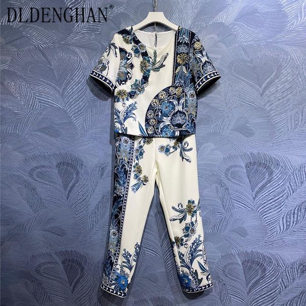 

women's two piece pants dldenghan fashion runway designer summer suit women o-neck short sleeve beading + floral print pencil set, White