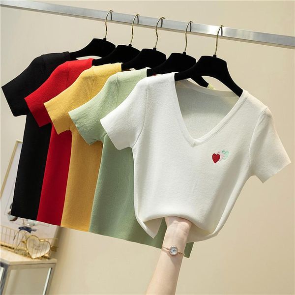 

women's t-shirt summer short style womens t-shirts fashion heart embroidery knitted casual woman ice silk slim fit v neck lady, White