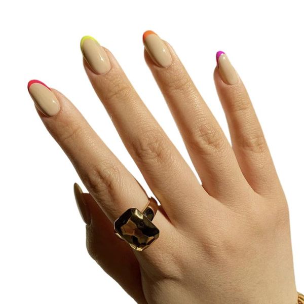 

false nails 24pcs/set rainbow colors fake round head glue type removable mid length paragraph fashion manicure set nail art tools, Red;gold