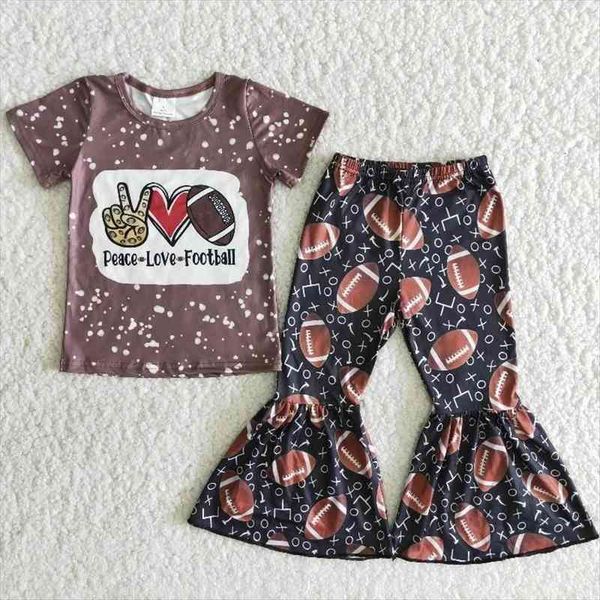 

wholesale baby girl spring boutique outfit fashionable kids brown peace love football shirt bells pants summer children clothes, White