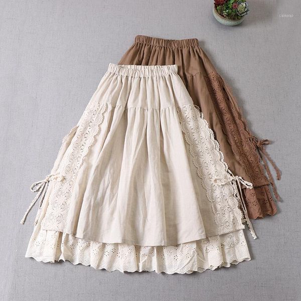 

skirts sweet japan style mori girl's lace bandage stitched linen skirt fairy lolita layers princess, Black