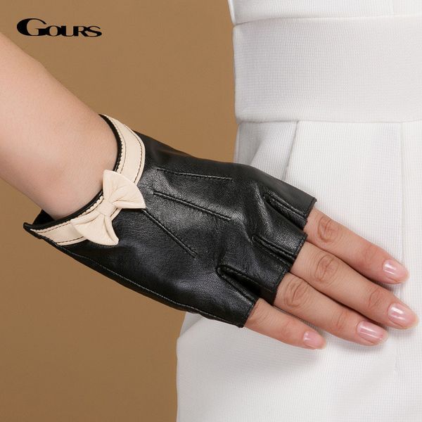 

gours fall and winter women genuine leather gloves new fashion brand black half finger driving glove goatskin mittens gsl041 201020, Blue;gray
