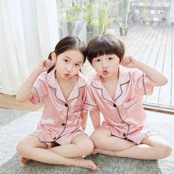 

kids pajamas set imitation silk boys girls solid color short sleeve blouse +shorts underwear & sleepwears 210915, Blue;red