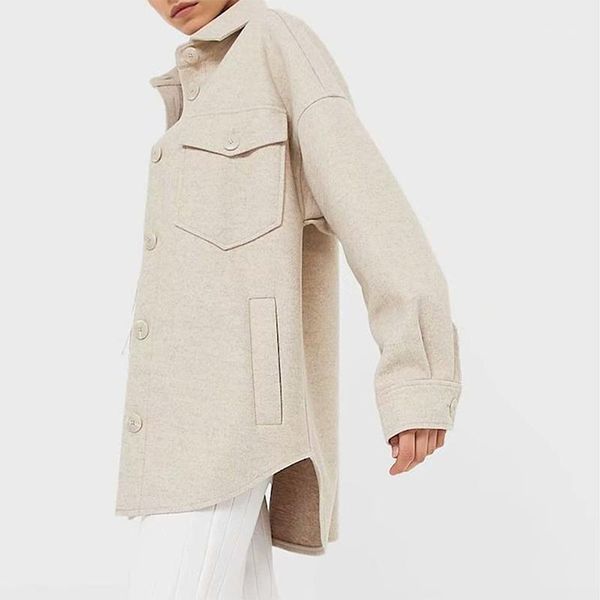 

women's wool & blends turn-down collar irregular pocket woolen coat 2021 autumn/winter korean casual loose temperament khaki cashmere o, Black