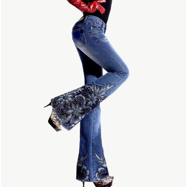 

women's jeans spring luxury beading embroidered mid waist big flared female boot cut embroidery lace bell bottom denim trousers, Blue
