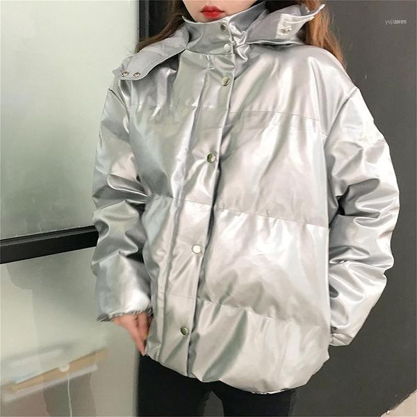 

women's down & parkas glossy hoodies thick overcoat winter short jacket women cotton warm parka padded streetwear clothing shiny outerw, Black