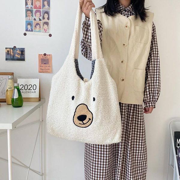 

evening bags women embroidered shoulder bag lamb like fabric fluffy fur handbags tote for school girl cute cotton lady shopper