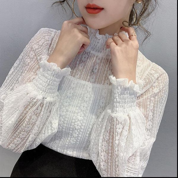 

fashion floral embroidery mesh womens blouses see through lantern sleeve stretch female fold puff, White