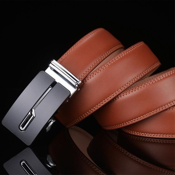 

plyesxale casual men belt 2021 mens leather belts with automatic buckle brown ratchet waist g37, Black;brown