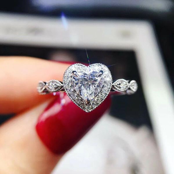 

wedding rings luxury heart shape hollow prong setting women finger ring charm lady cocktail party dazzling shiny cz stone, Slivery;golden