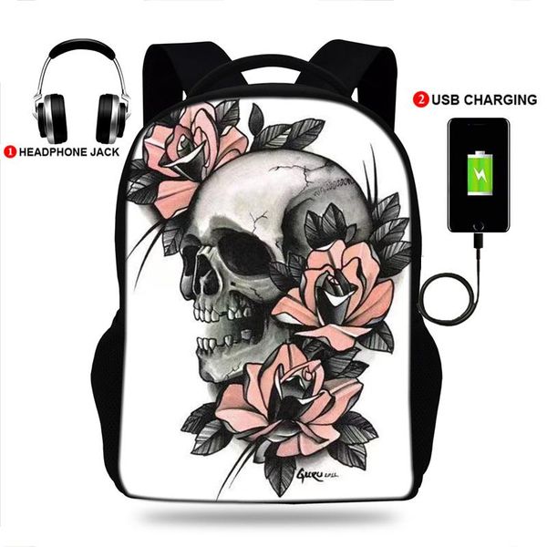 

school backpacks gothic skull rose print usb charge backpack waterproof bagpack bags teenage boys&girls travel bag