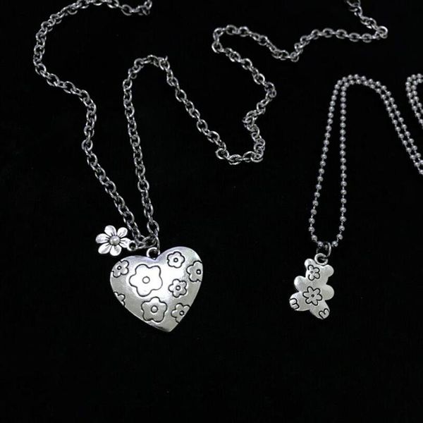 

pendant necklaces 1set cool gifts party stainless steel chain vintage punk flower bear heart necklace for women hiphop treandy jewelry, Silver