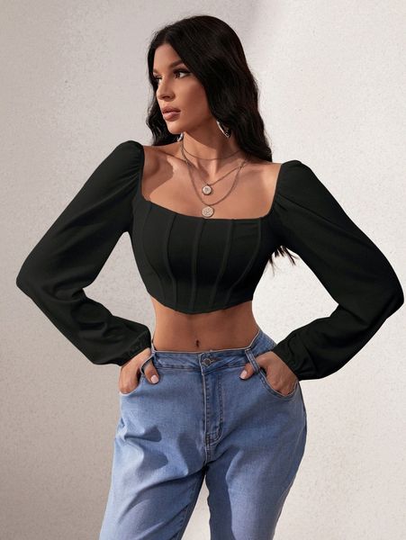 

lantern sleeve square neck crop y0sr#, White