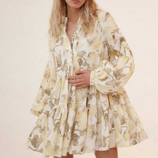 

luxury evening dress australian fashion brand autumn 2021 small stand collar single breasted loose print chiffon temperament short, Black;gray