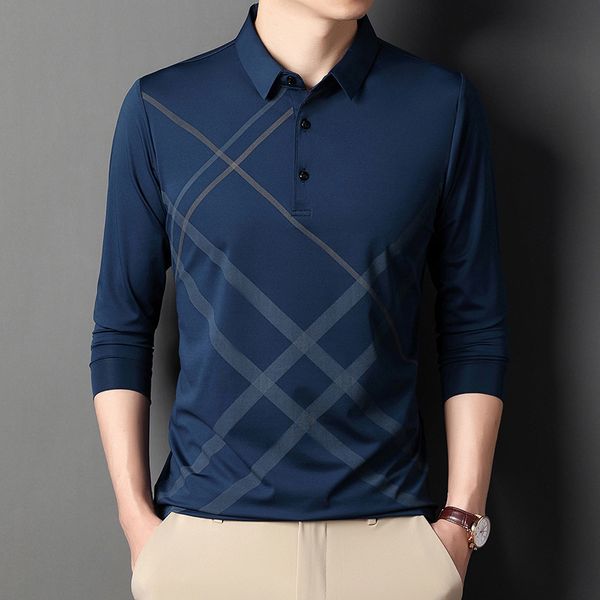 

straight hair spring and autumn long sleeve t-shirt middle-aged loose casual lapel stripe ice silk polo men's wear, White;black