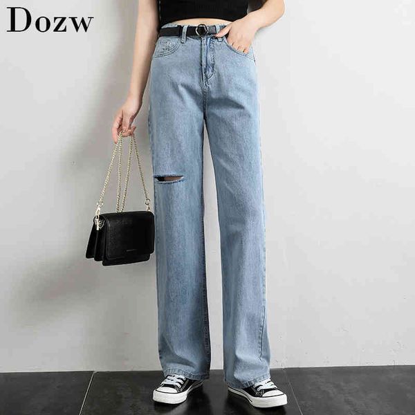 

women casual loose straight hole jeans simple full length blue denim wide leg pants fashion streetwear trousers with pocket 210414