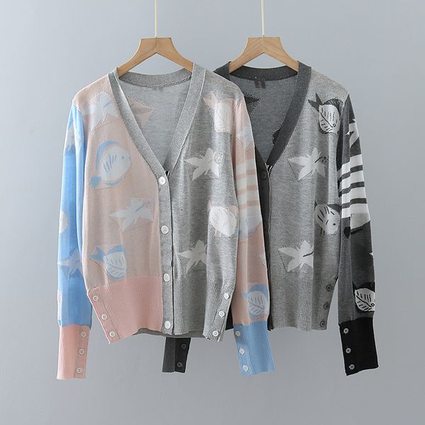 

men's and women's 21 spring summer tb college style cardigan ice silk air conditioning knitted female butterfly fish four bar cont, White;black