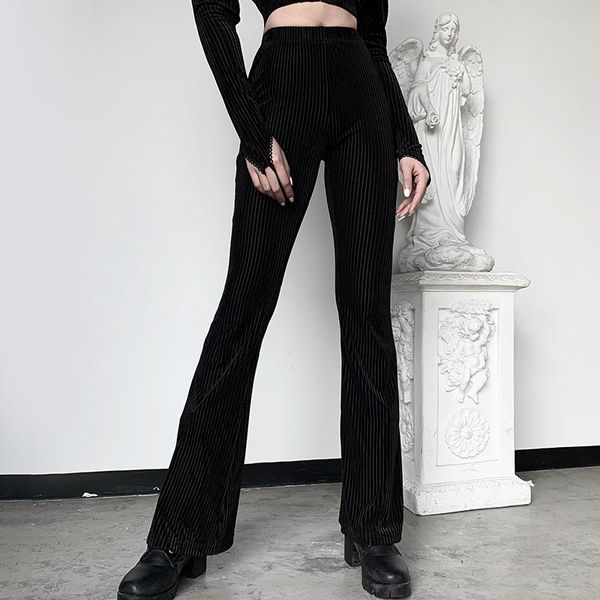 

women's leggings woman's retro bell-bottomed long pants, high waist elastic casual suede ribbed loose trousers, daily life, Black